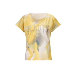 Print shirt with writing and stone trim lemon