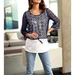 Lace tunic + top navy-ecru-patterned