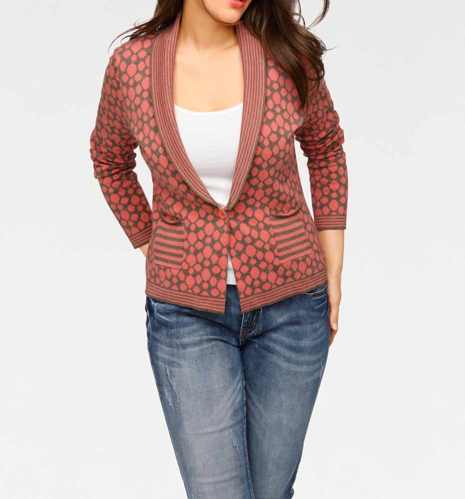 Jacquardstrickjacke koralle-braun