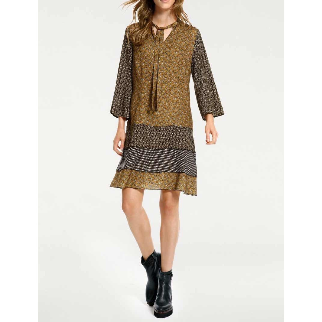 Designer-Druckkleid khaki-schwarz