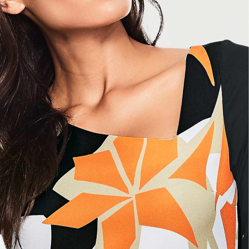Designer-Druckkleid schwarz-orange