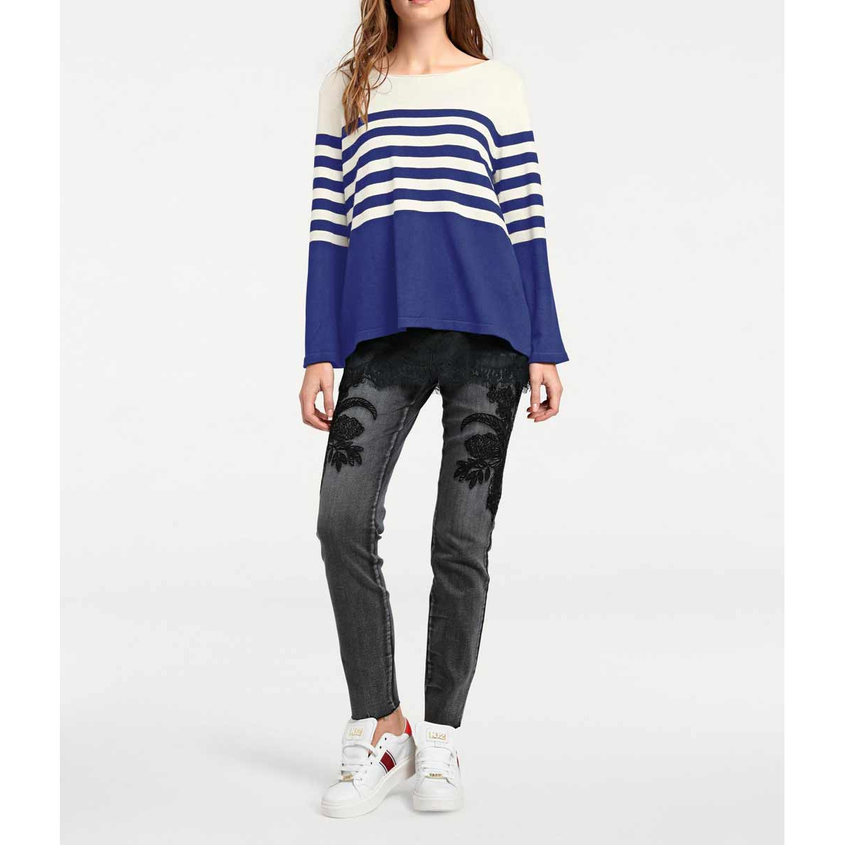 Feinstrickpullover ecru-blau