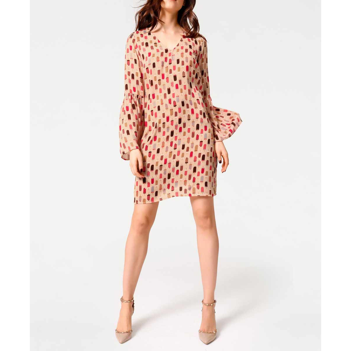 Designer-Druckkleid apricot-bunt