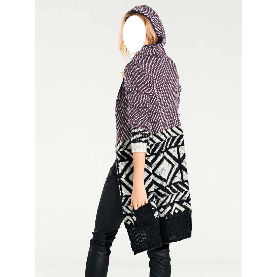 Longstrickjacke m. Kapuze fuchsia-bunt