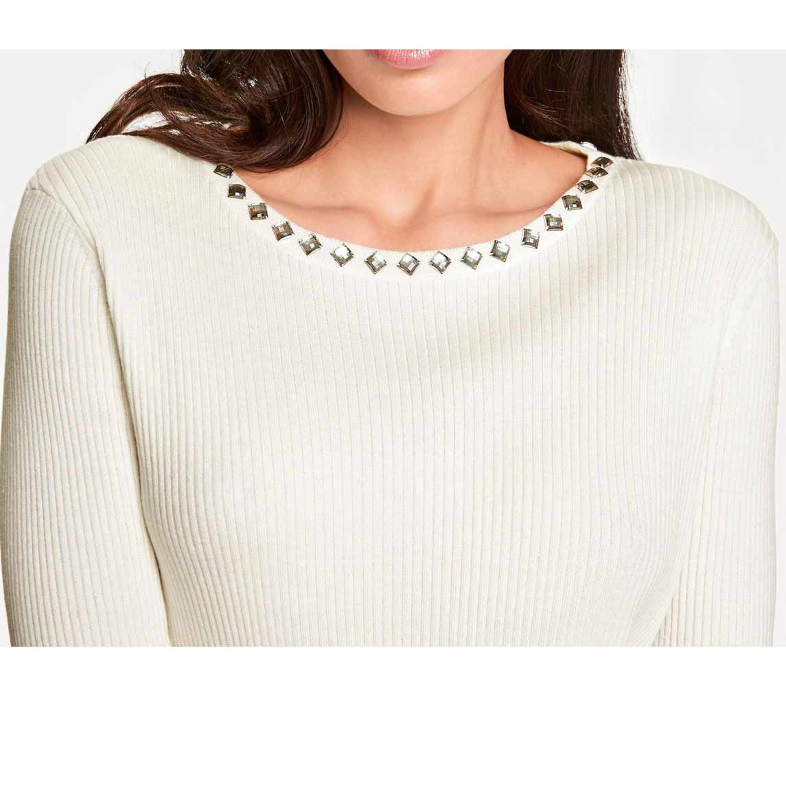 Designer-Pullover m. Strass offwhite