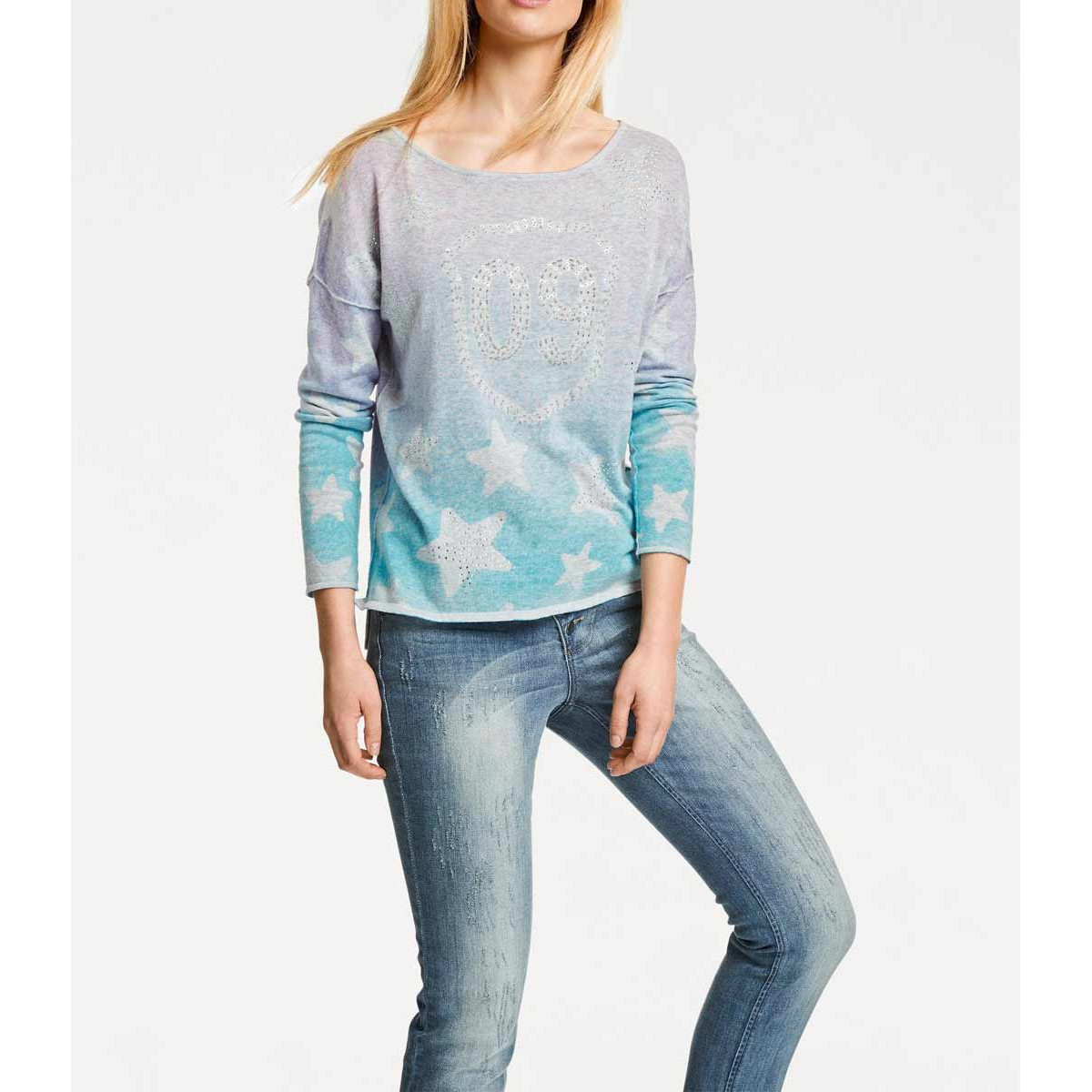 Druckpullover m. Strass pink-blau