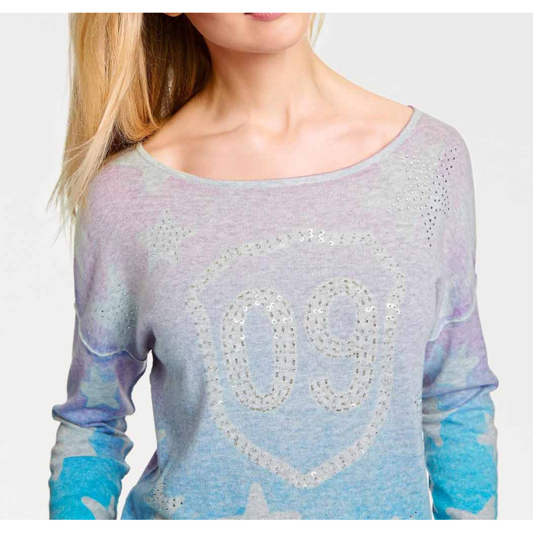 Druckpullover m. Strass pink-blau