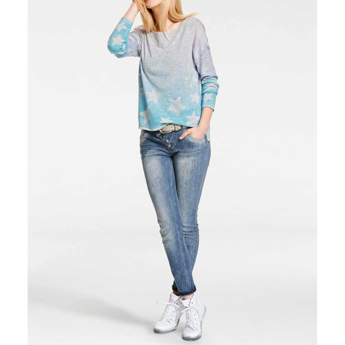 Druckpullover m. Strass pink-blau