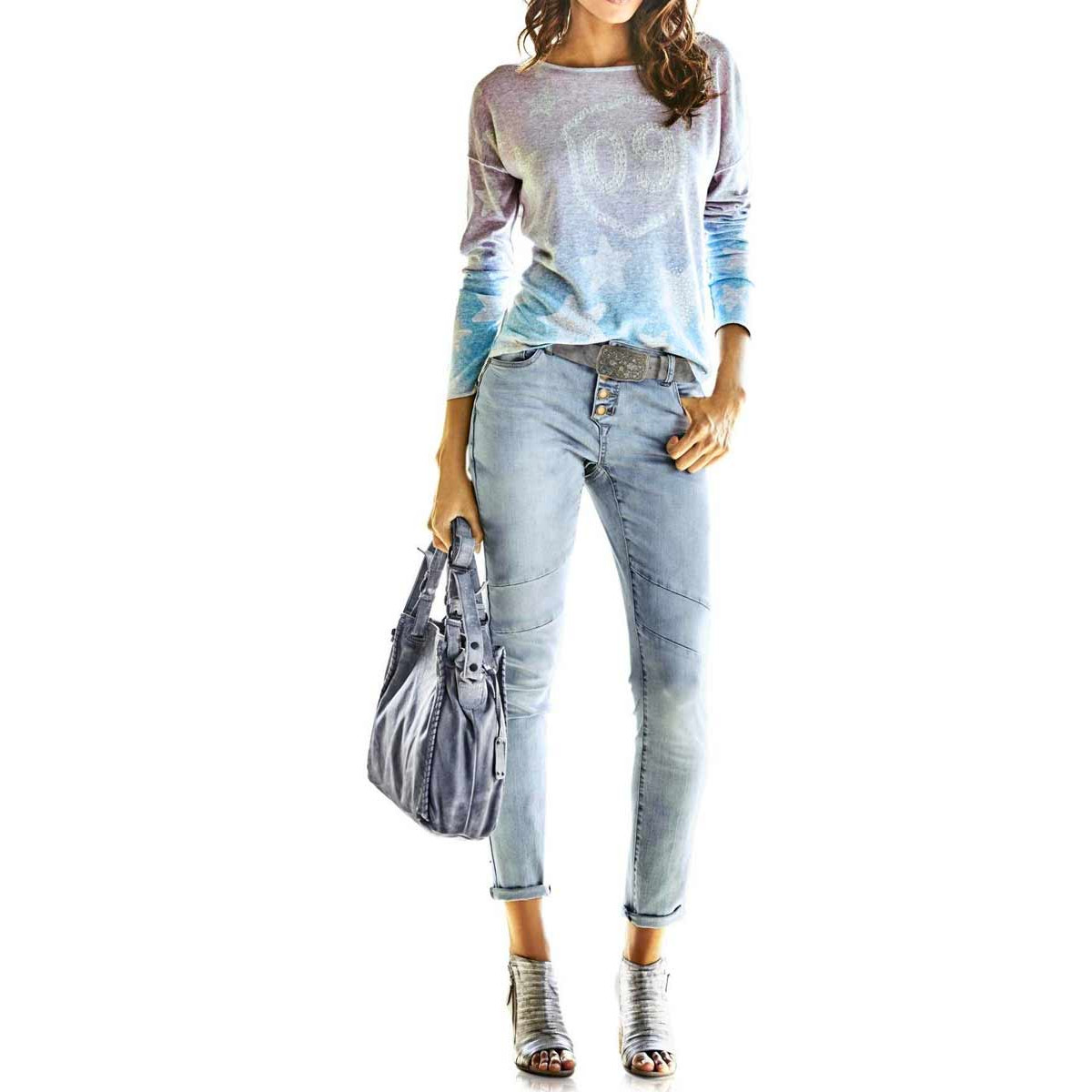 Druckpullover m. Strass pink-blau