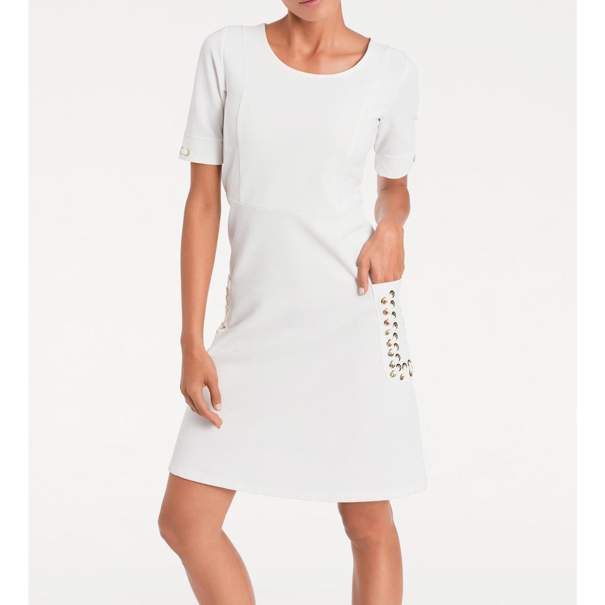 Designer-Etuikleid m. Schnürung weiß