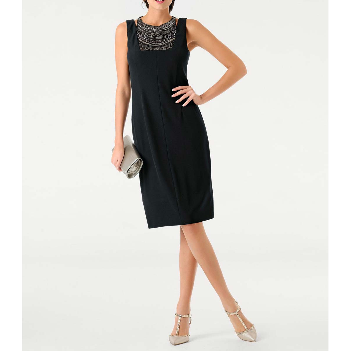 Designer-Kleid m. Perlen-Dekolleté schwarz
