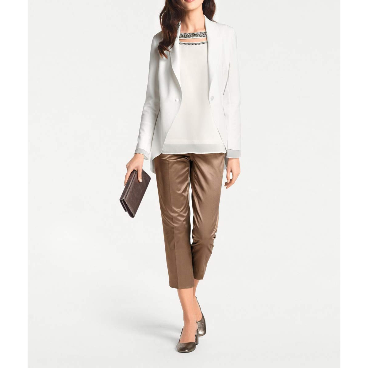 Designer-Volantbluse m. Strasssteinen ecru
