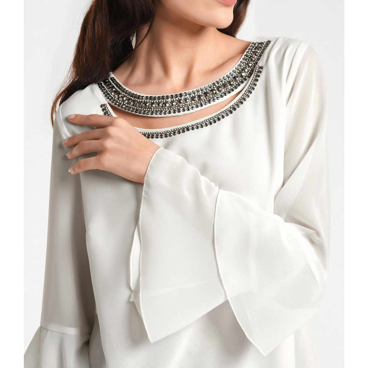 Designer-Volantbluse m. Strasssteinen ecru