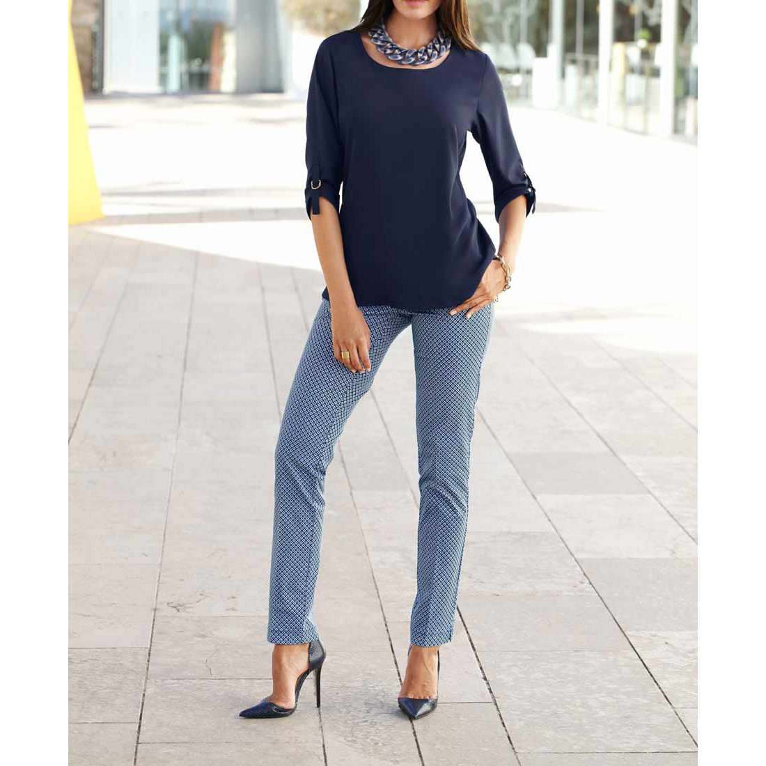 Stretch trousers blue-black-white