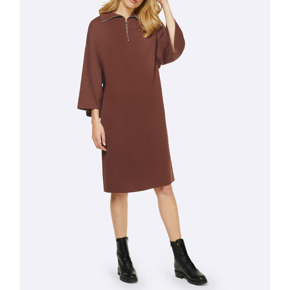 Designer-Troyer-Optik-Strickkleid rotbraun