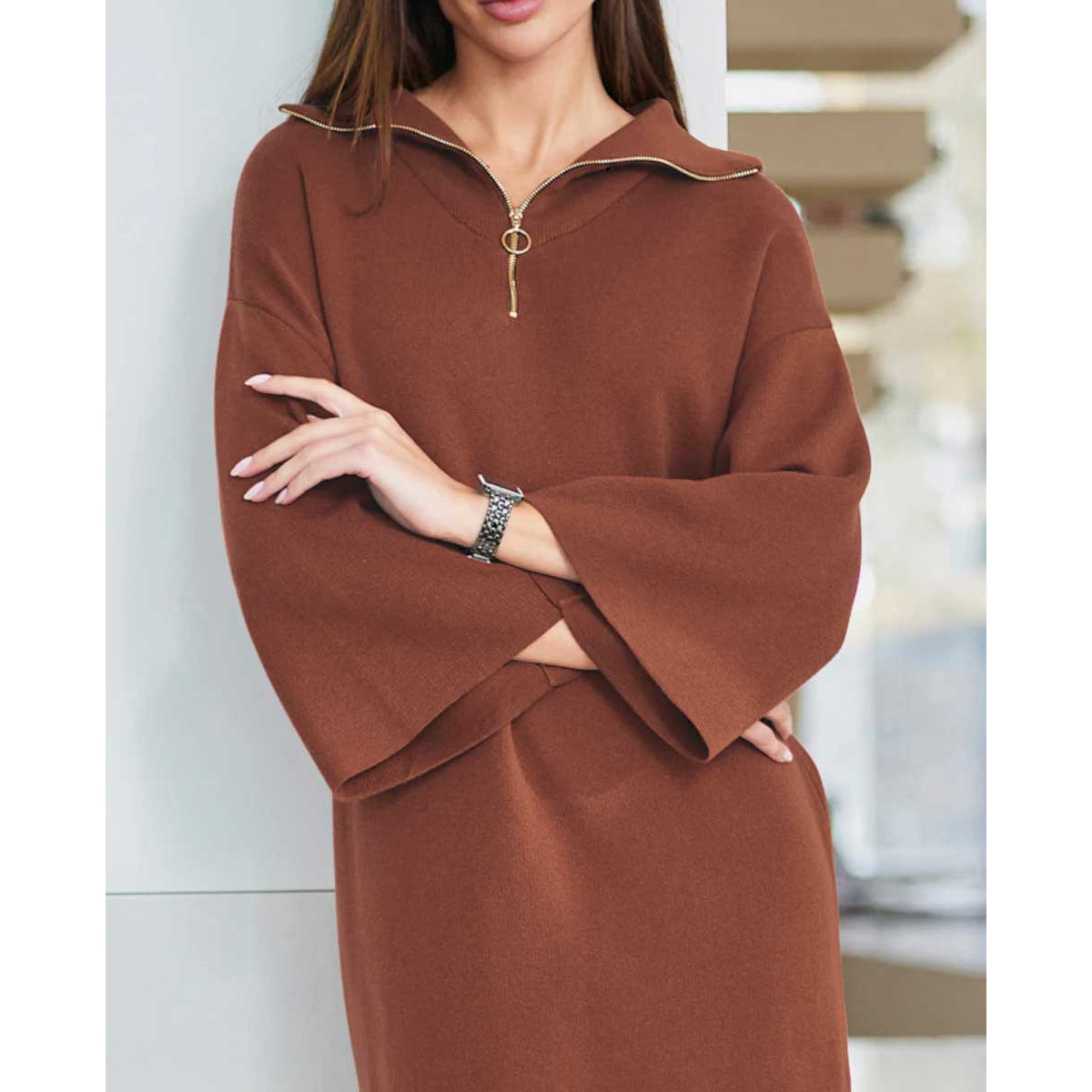 Designer-Troyer-Optik-Strickkleid rotbraun