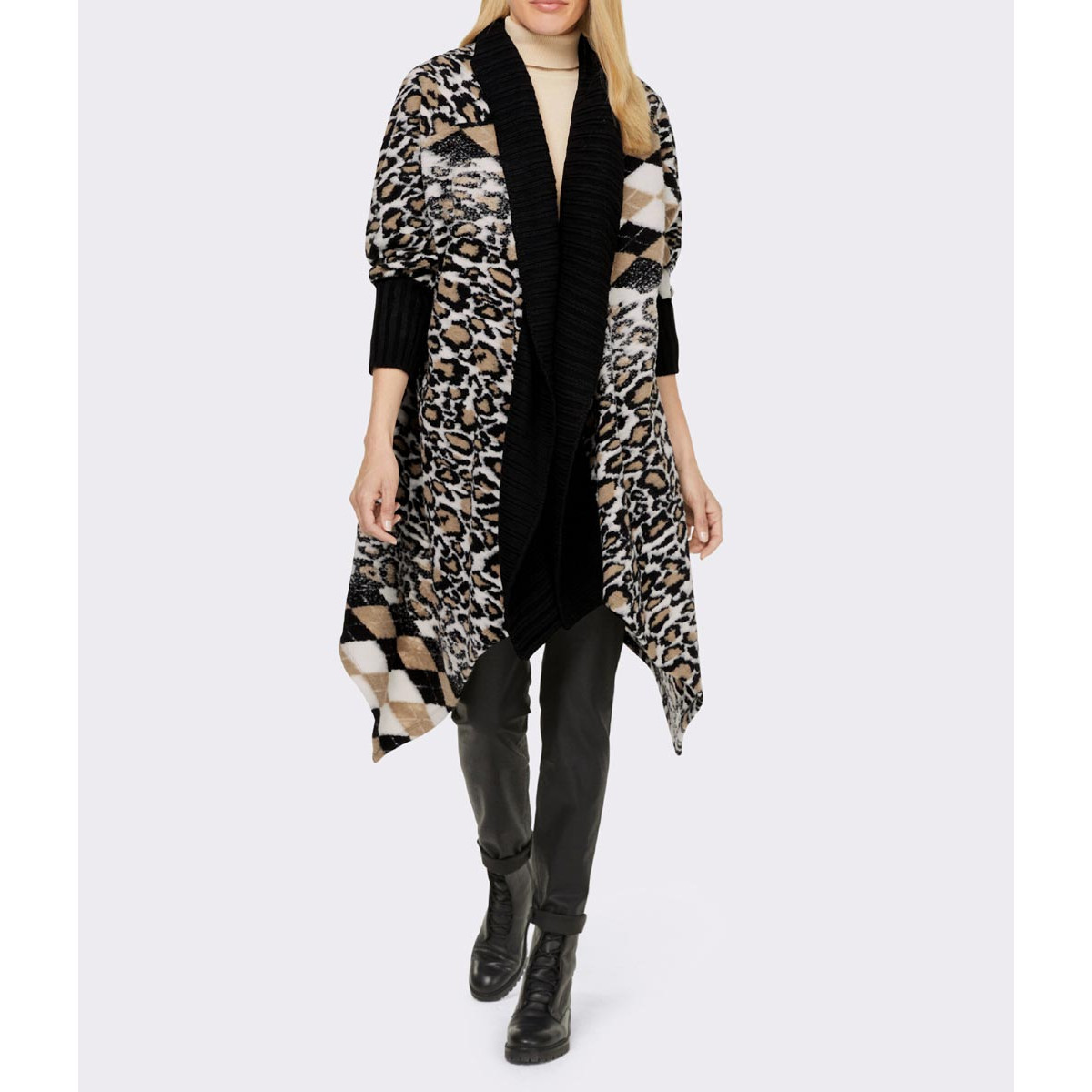 Designer-Animal-Dessin-Strickjacke schwarz-camel