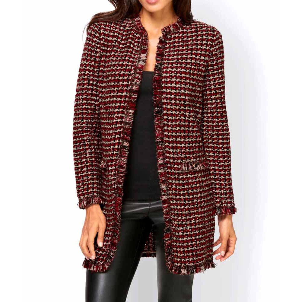 Designer-Longstrickjacke rot-gemustert