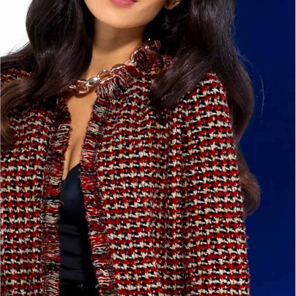 Designer-Longstrickjacke rot-gemustert