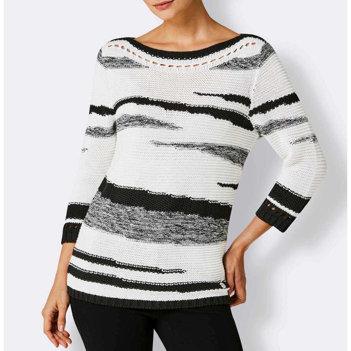 3/4 Arm-Pullover m. Lochmuster weiß-schwarz