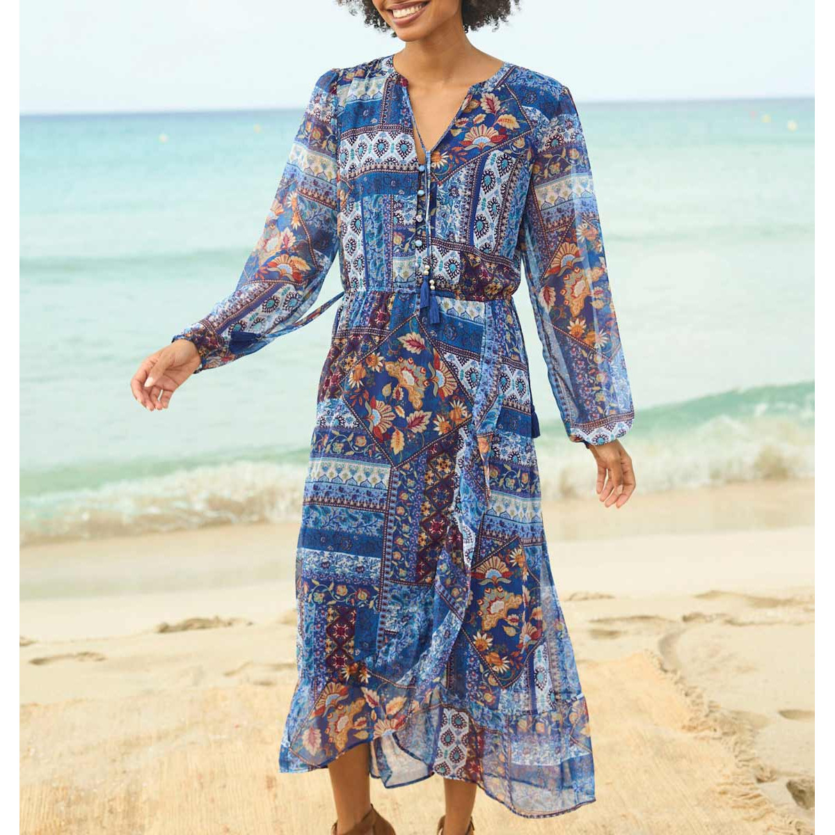 Wrap chiffon dress with flounces navy-ochre