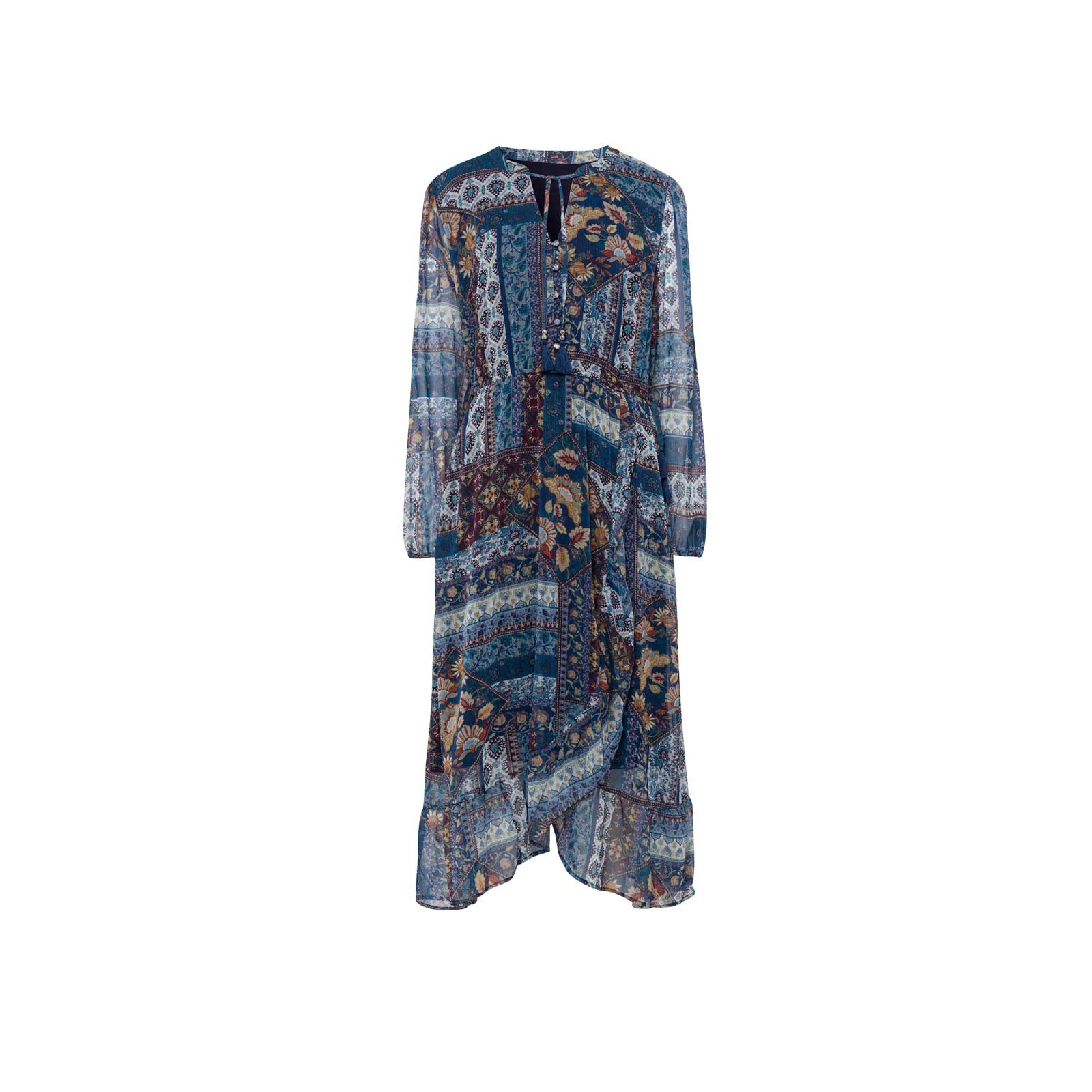 Wrap chiffon dress with flounces navy-ochre