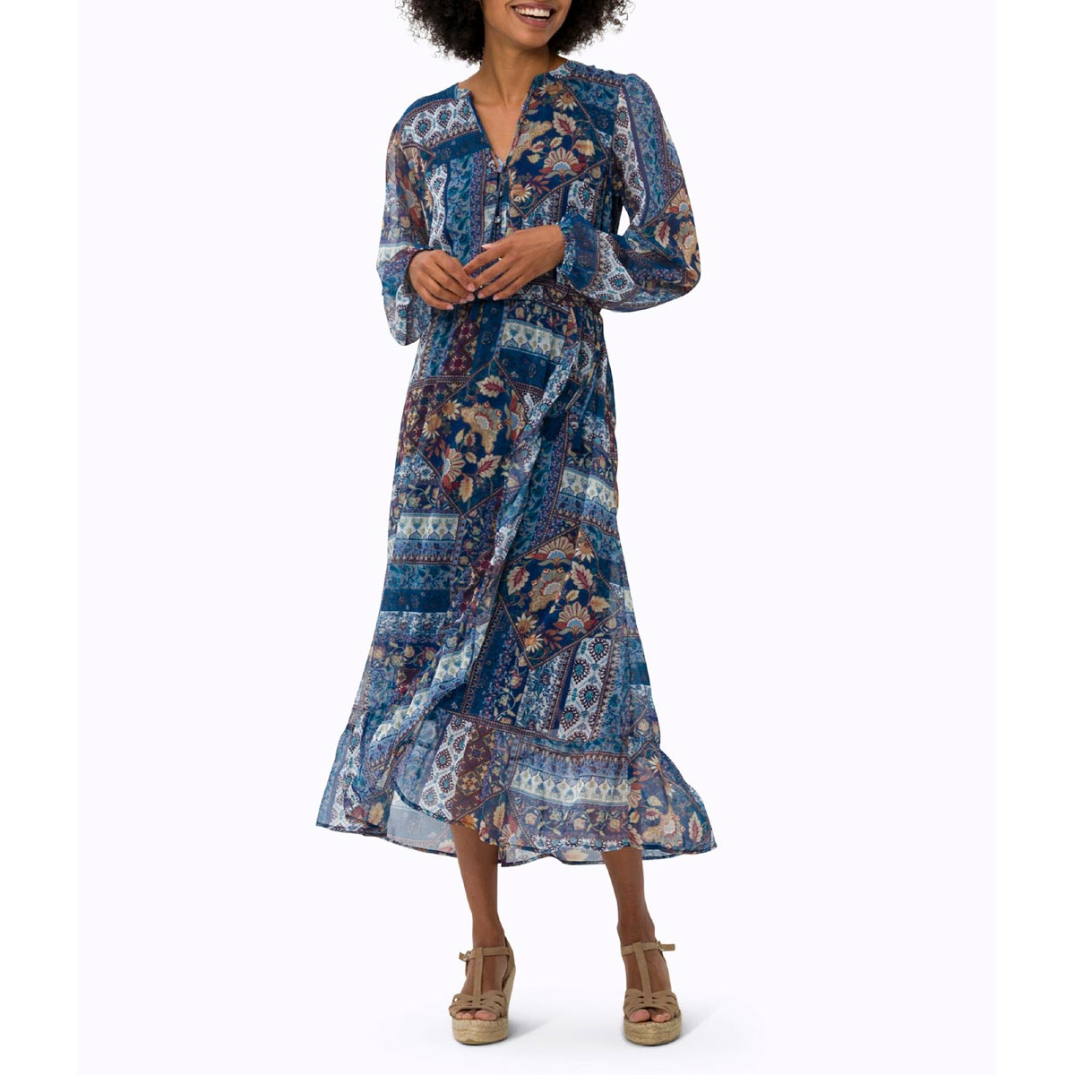 Wrap chiffon dress with flounces navy-ochre