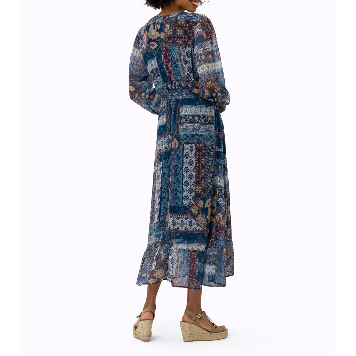Wrap chiffon dress with flounces navy-ochre