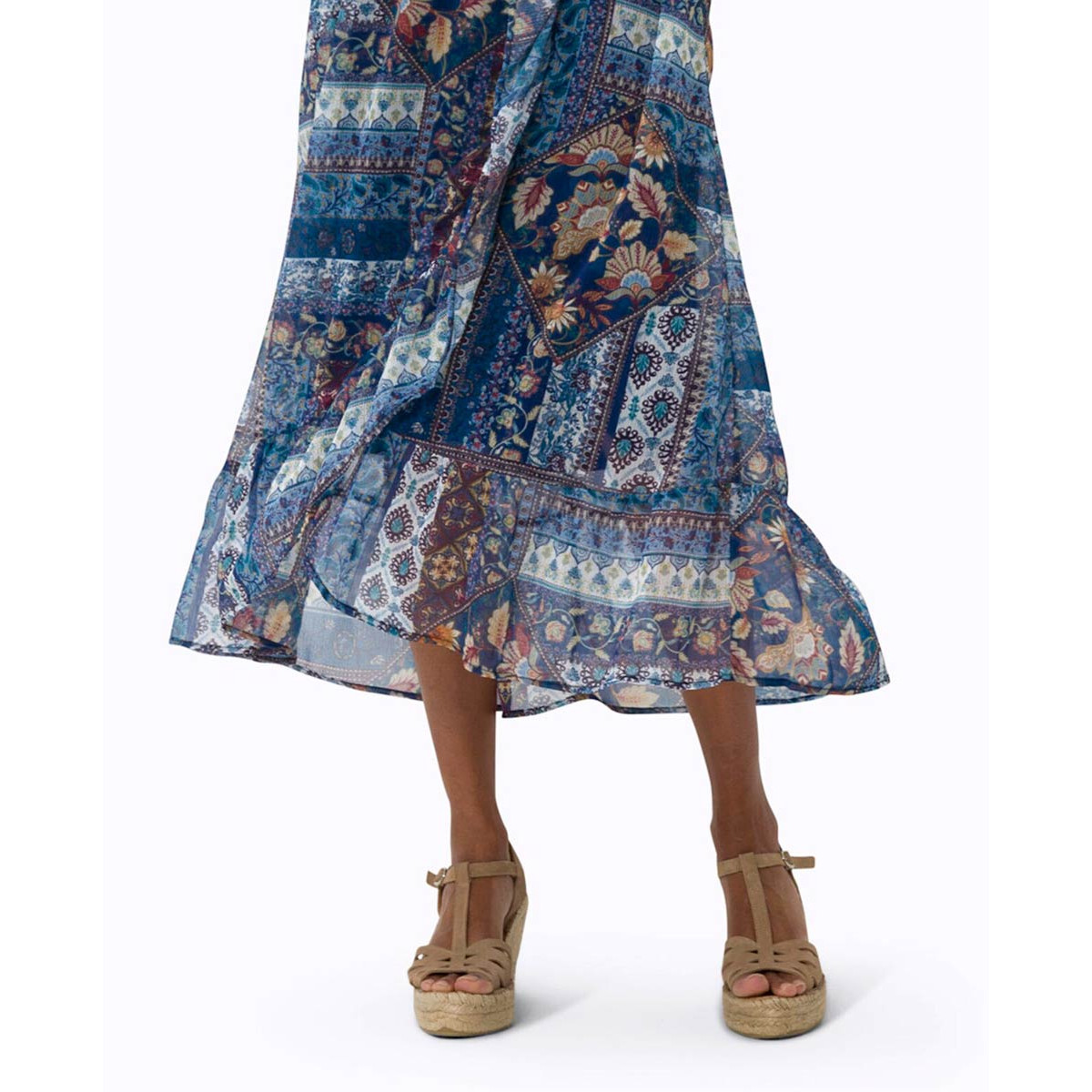 Wrap chiffon dress with flounces navy-ochre