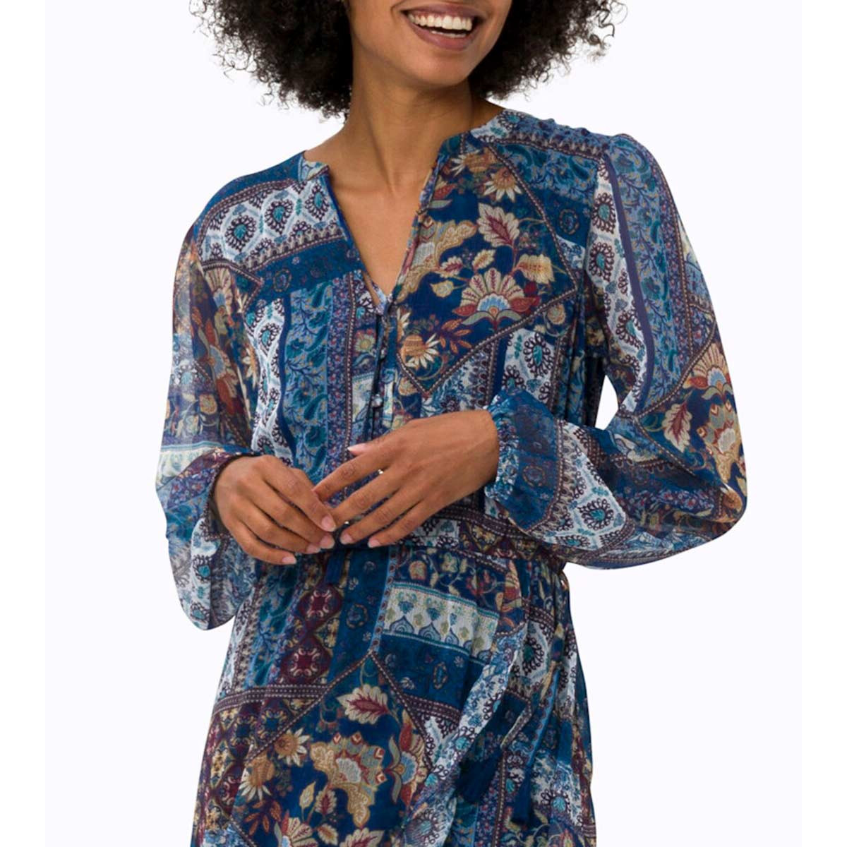 Wrap chiffon dress with flounces navy-ochre