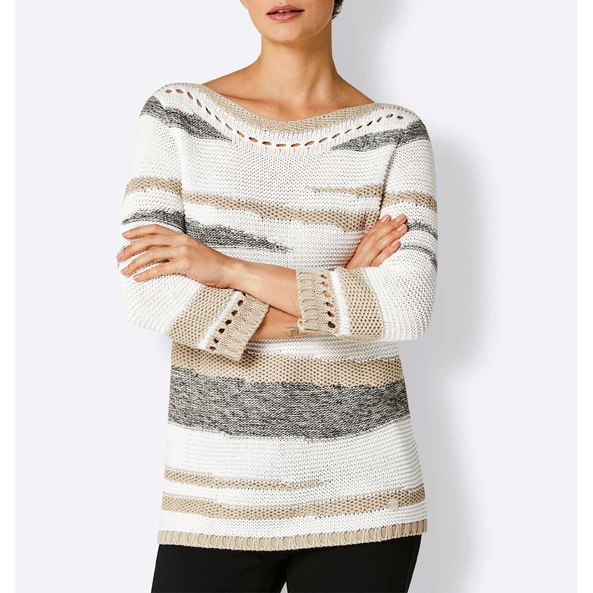 3/4 Arm-Pullover m. Lochmuster weiß-beige