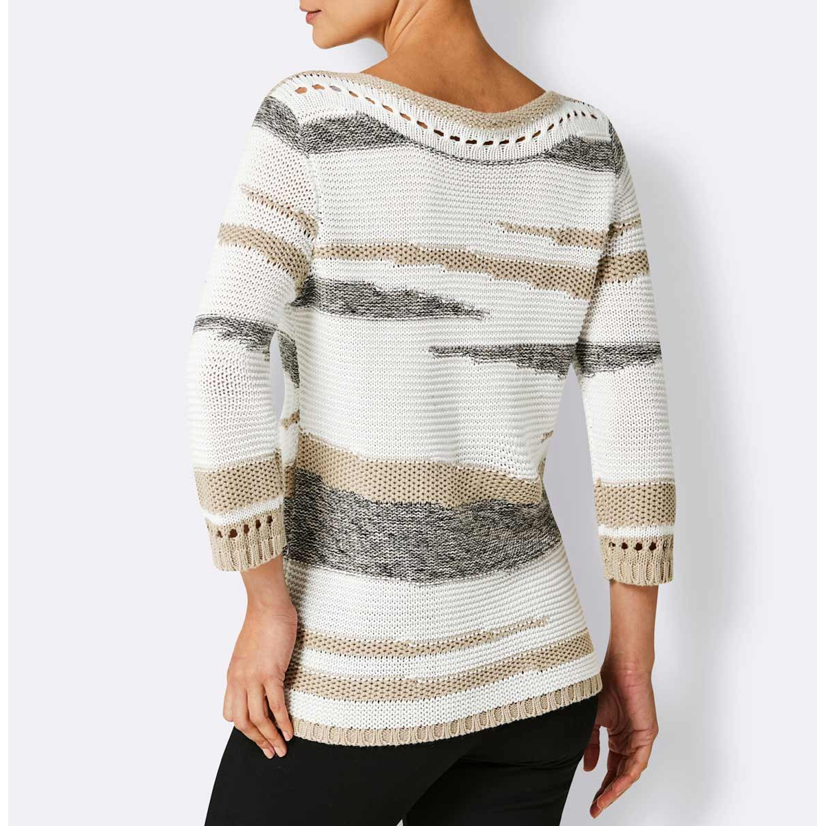 3/4 Arm-Pullover m. Lochmuster weiß-beige