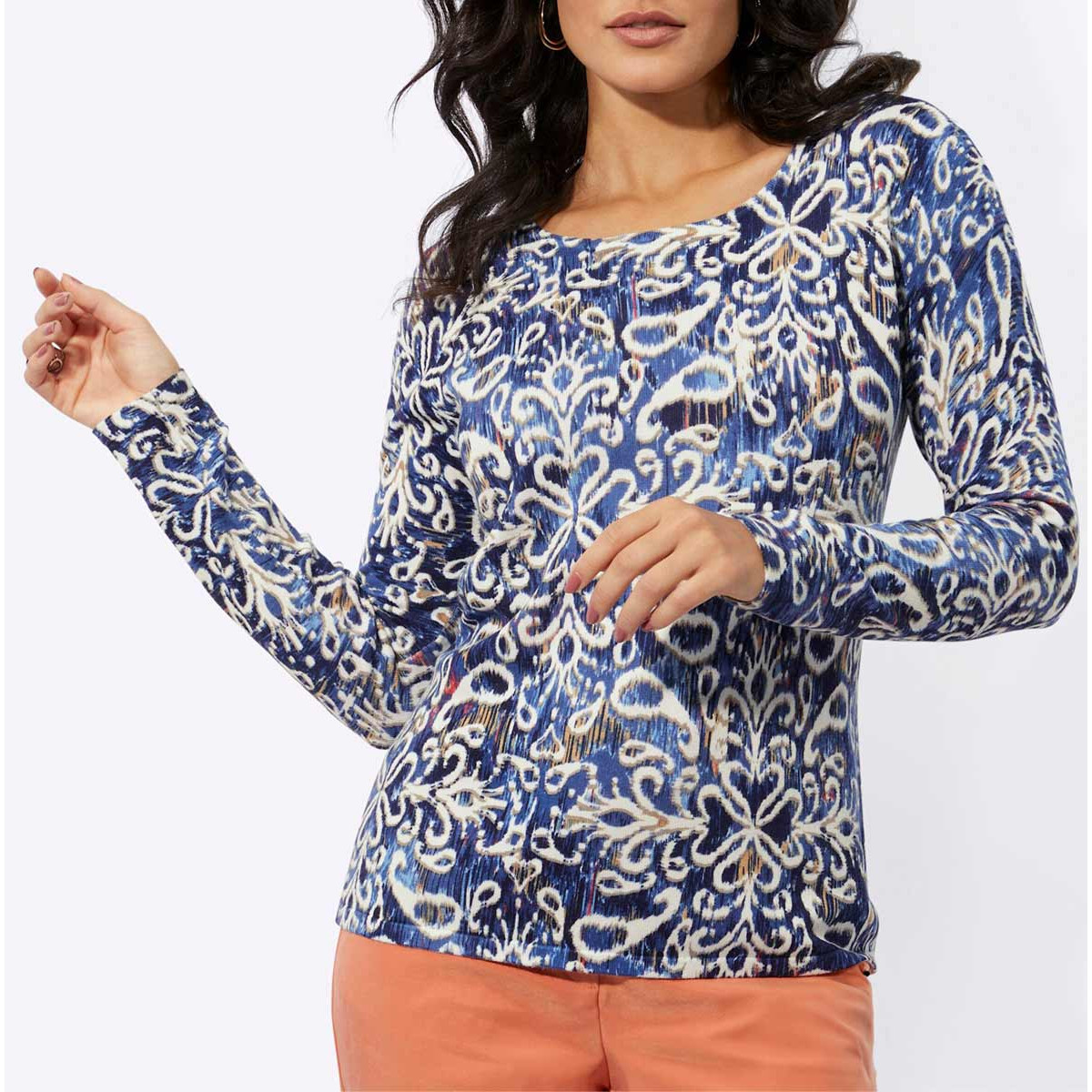 Ornamentik-Druckpullover ecru-marine