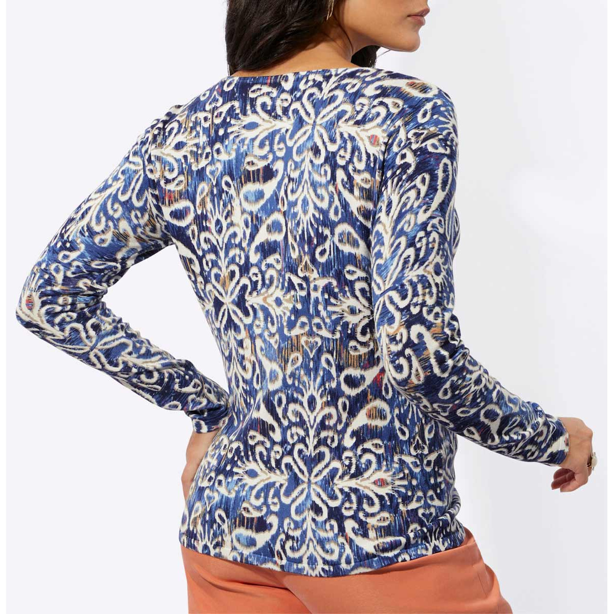 Ornamentik-Druckpullover ecru-marine