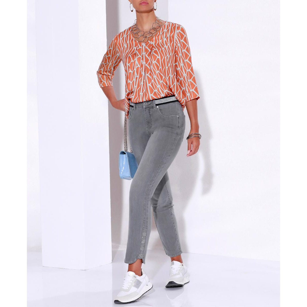 Modal-Druckbluse papaya-hellblau