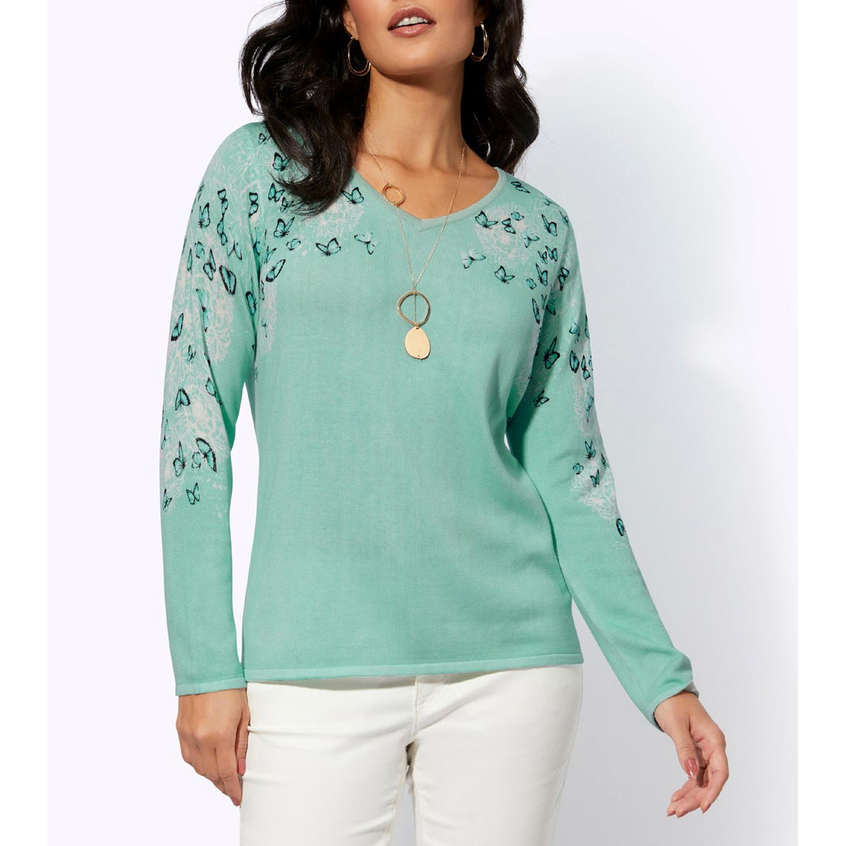 Feinstrick-Druckpullover kalkmint-salbei