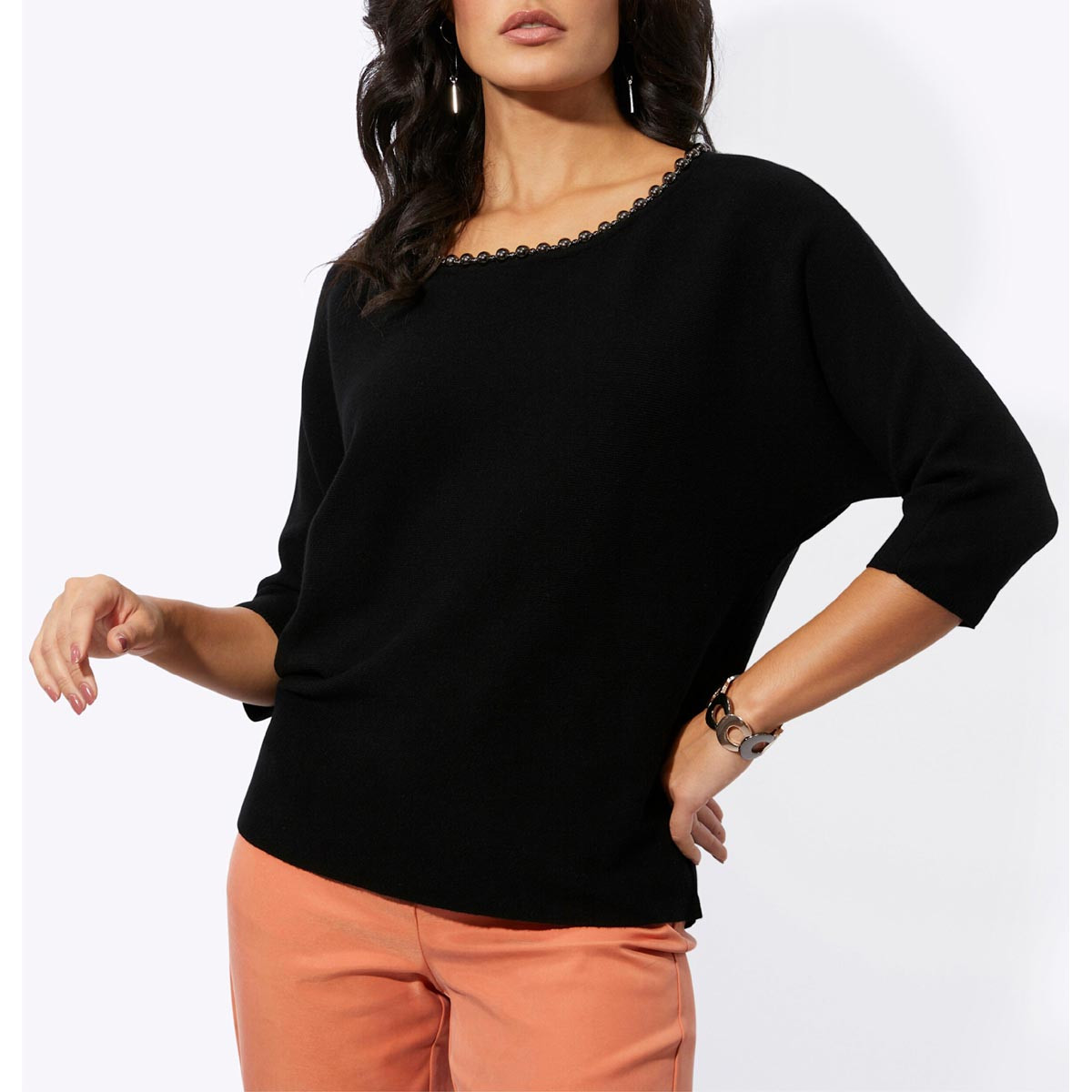 Fledermausärmel-Pullover m. Zierperlen schwarz