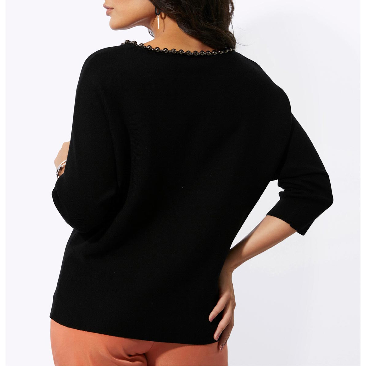 Fledermausärmel-Pullover m. Zierperlen schwarz