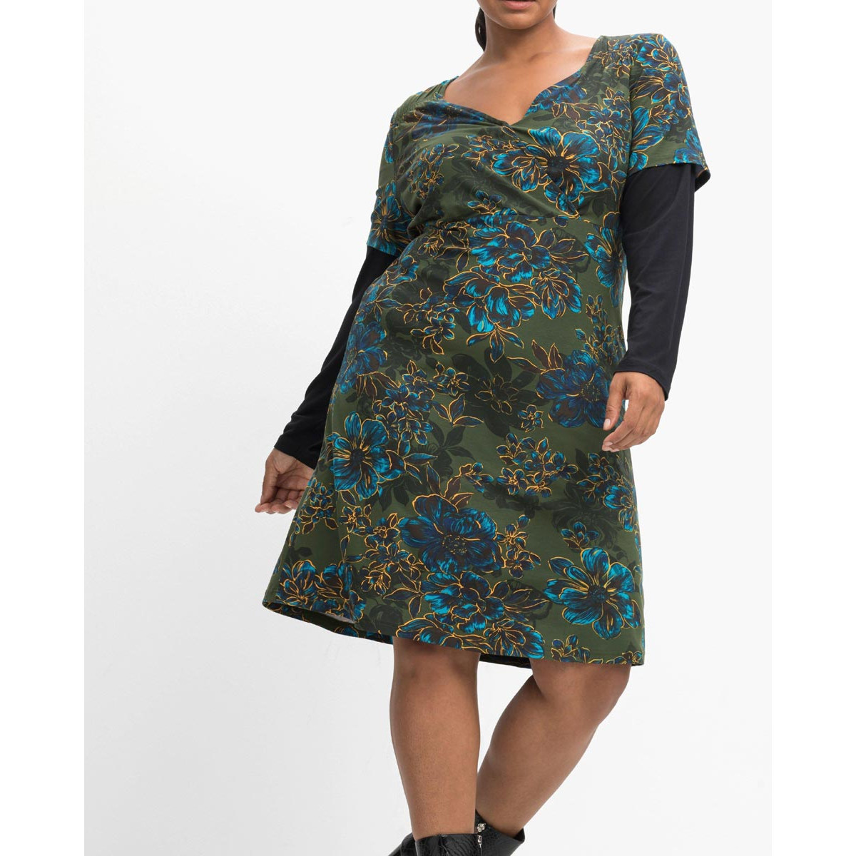 Marken-2-in-1-Jersey-Kleid schwarz-oliv