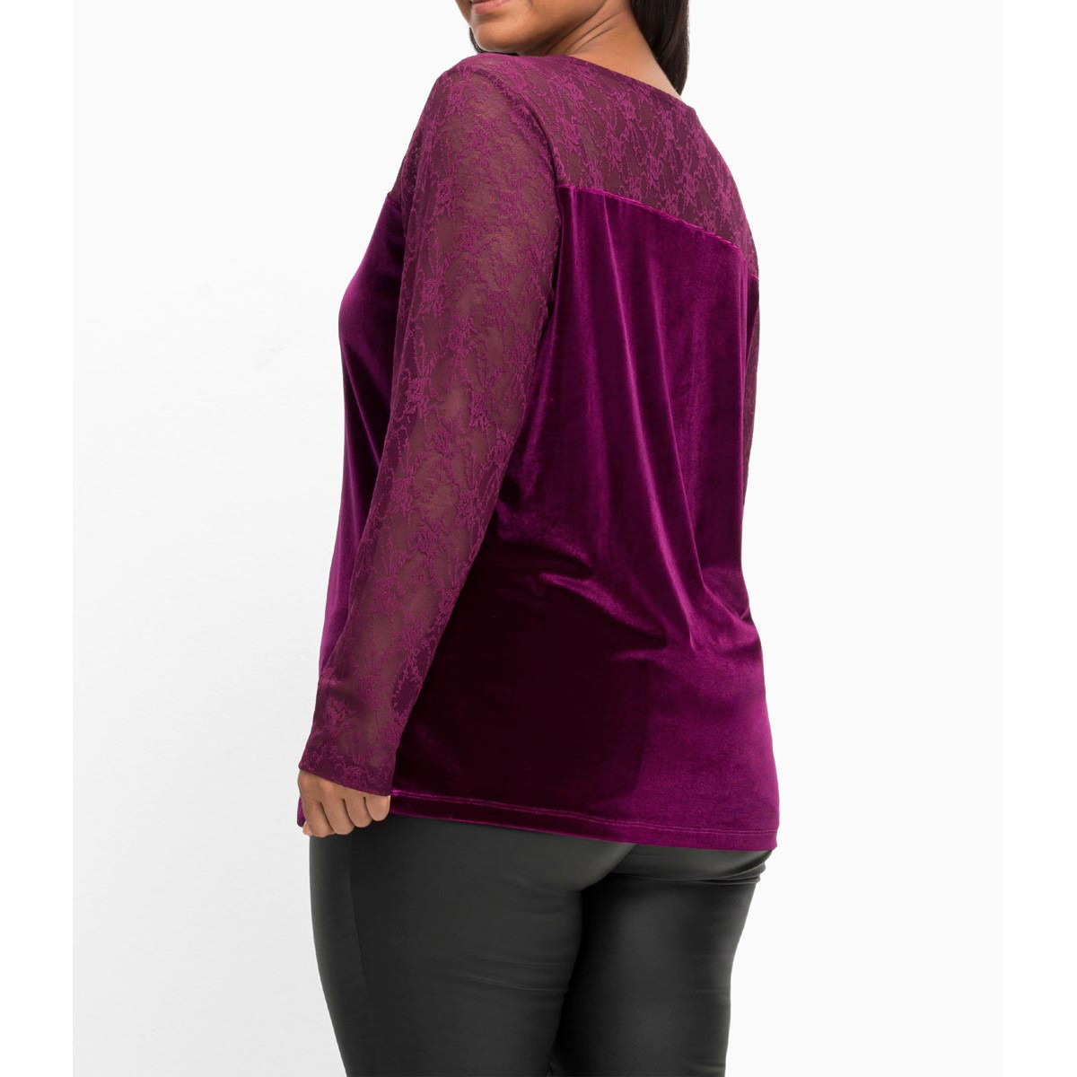 Langarm-Samtshirt m. Spitzeneinsatz beere