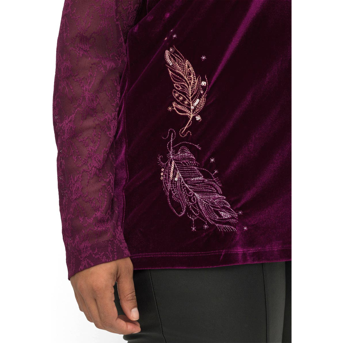 Langarm-Samtshirt m. Spitzeneinsatz beere