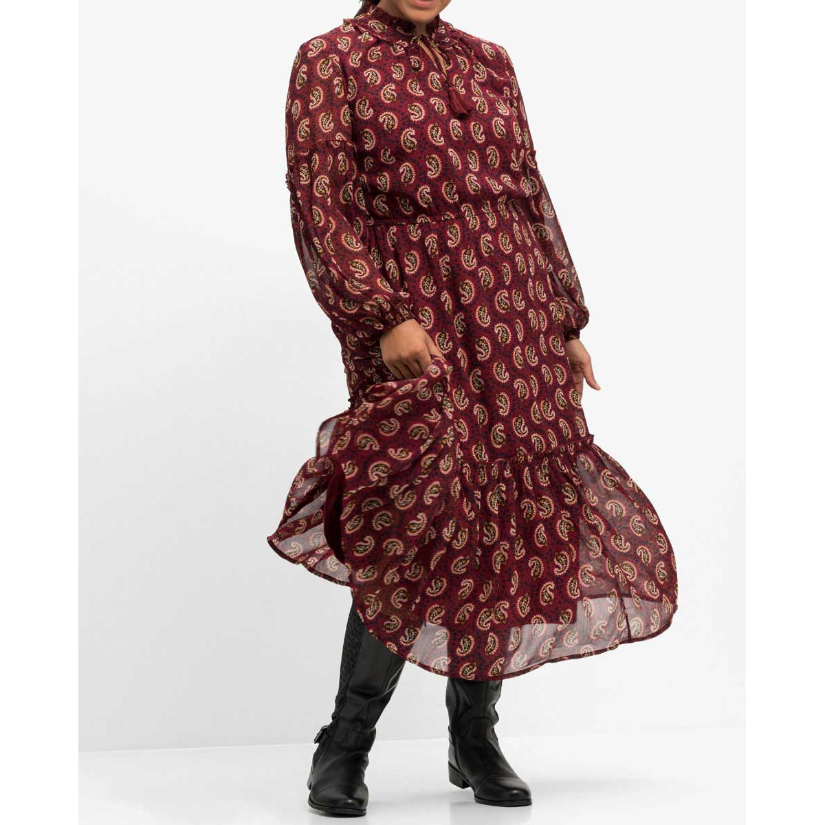 Marken-Chiffon-Druckkleid m.Volant rostrot