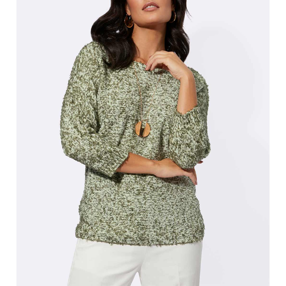 Bändchengarn-Pullover ecru-khaki