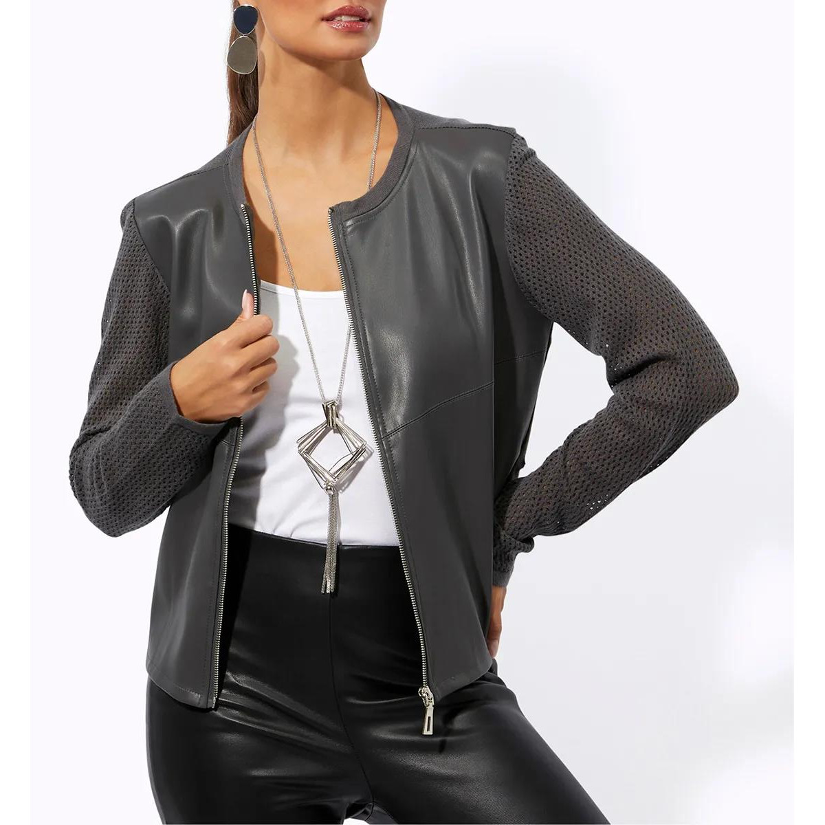 Ajourstrickjacke m.Lederimitateinsatz anthrazit