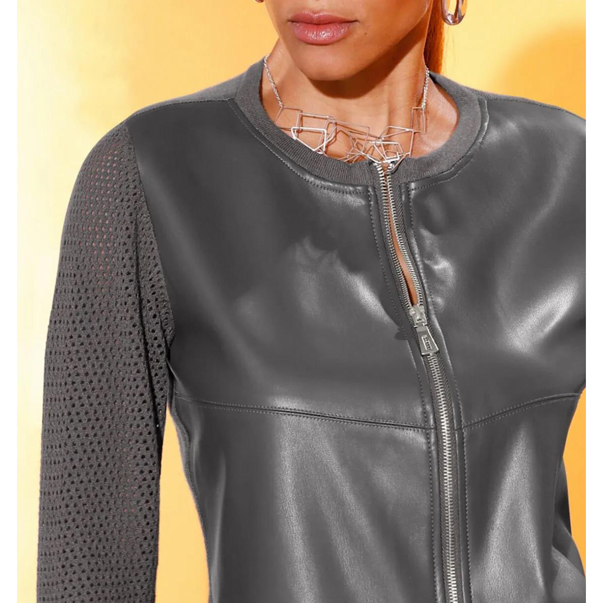 Ajourstrickjacke m.Lederimitateinsatz anthrazit
