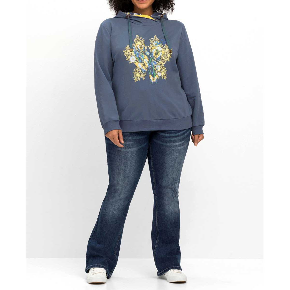 Marken-Hoodie mit floralem Frontdruck indigo
