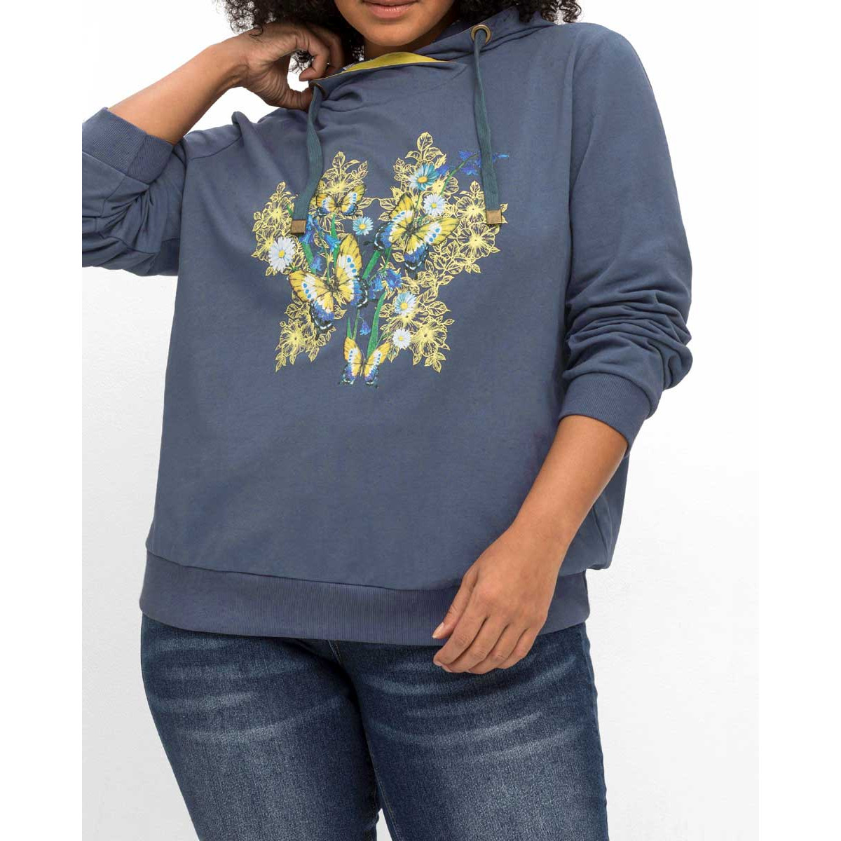 Marken-Hoodie mit floralem Frontdruck indigo