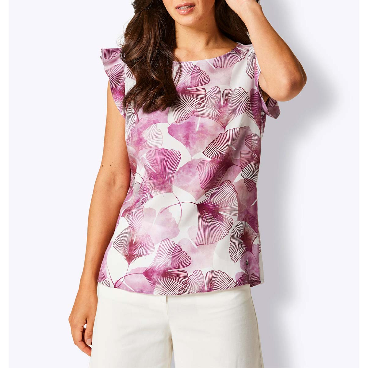 Lyocell-Blusentop ecru-magenta-bedruckt