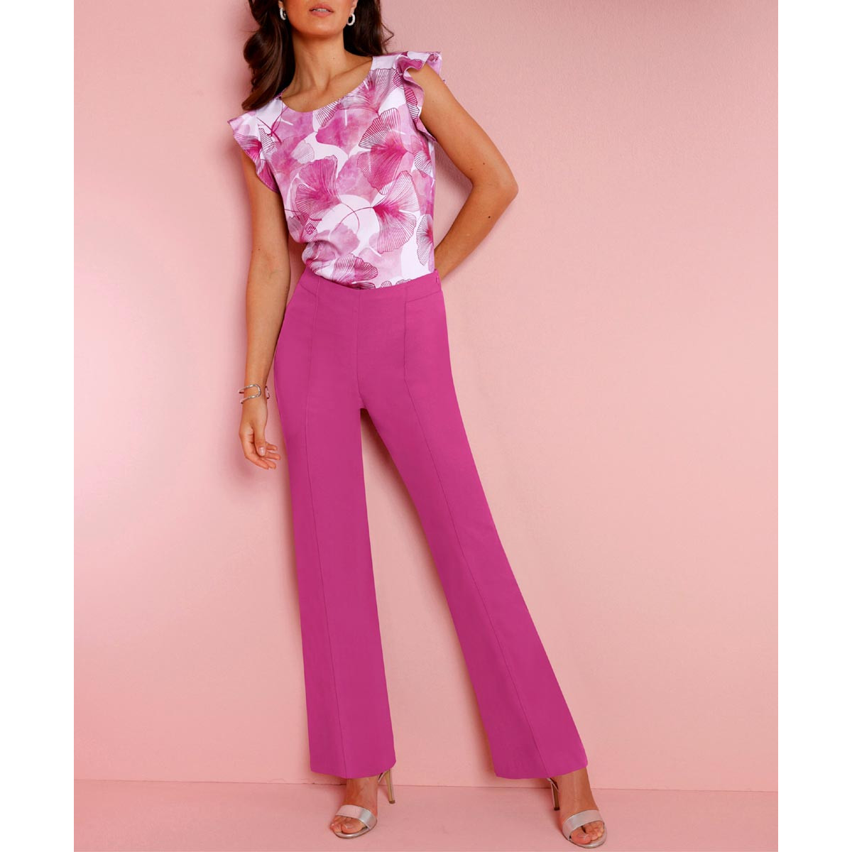 Lyocell-Blusentop ecru-magenta-bedruckt