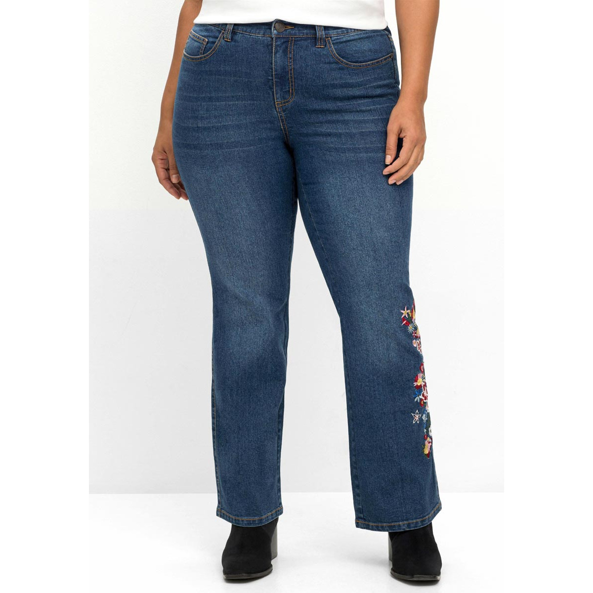 Bootcut-Jeans m. Blumenstickerei blue Denim